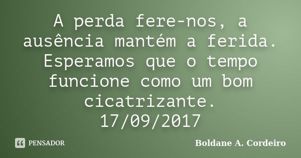 A perda fere-nos, a ausência mantém a ferida. Esperamos que o tempo funcione como um bom cicatrizante. 17/09/2017... Frase de Boldane A.Cordeiro.