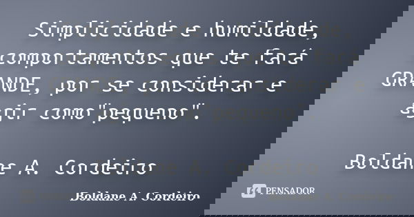 Simplicidade e humildade, comportamentos que te fará GRANDE, por se considerar e agir como"pequeno". Boldane A. Cordeiro... Frase de Boldane A. Cordeiro.