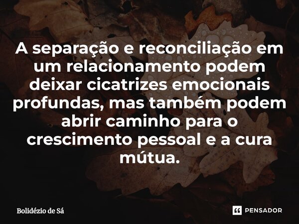 ⁠A separação e reconciliação em um relacionamento podem deixar cicatrizes emocionais profundas, mas também podem abrir caminho para o crescimento pessoal e a cu... Frase de Bolidézio de Sá.