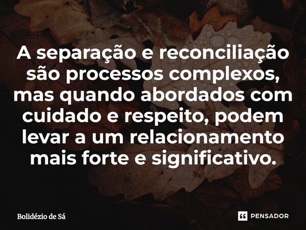 ⁠A separação e reconciliação são processos complexos, mas quando abordados com cuidado e respeito, podem levar a um relacionamento mais forte e significativo.... Frase de Bolidézio de Sá.