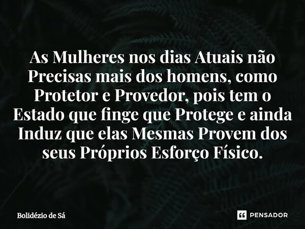 As Mulheres nos dias Atuais não Precisas mais dos homens, como Protetor e Provedor, pois tem o Estado que finge que Protege e ainda Induz que elas Mesmas Provem... Frase de Bolidézio de Sá.