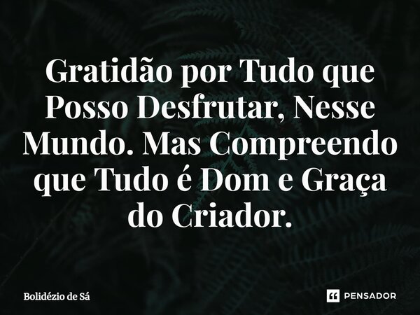 ⁠Gratidão por Tudo que Posso Desfrutar, Nesse Mundo. Mas Compreendo que Tudo é Dom e Graça do Criador.... Frase de Bolidézio de Sá.