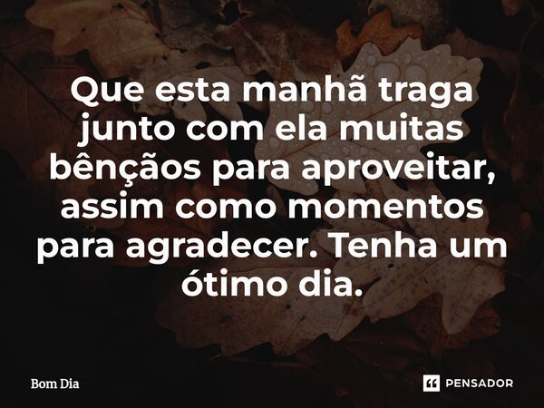 ⁠Que esta manhã traga junto com ela muitas bênçãos para aproveitar, assim como momentos para agradecer. Tenha um ótimo dia.... Frase de Bom dia.