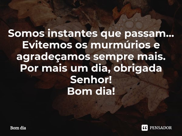 ⁠Somos instantes que passam...
Evitemos os murmúrios e agradeçamos sempre mais.
Por mais um dia, obrigada Senhor! Bom dia!... Frase de Bom dia.