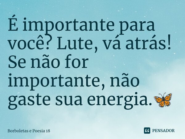 ⁠É importante para você? Lute, vá atrás! Se não for importante, não gaste sua energia.🦋... Frase de Borboletas e Poesia 18.