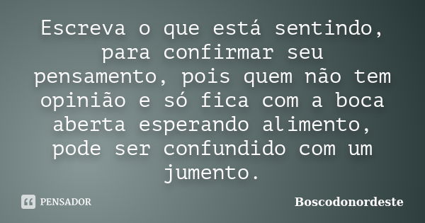 Escreva o que está sentindo, para confirmar seu pensamento, pois quem não tem opinião e só fica com a boca aberta esperando alimento, pode ser confundido com um... Frase de Boscodonordeste.