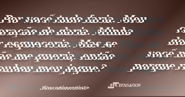 Por você tudo faria. Meu coração de daria. Minha dor esqueceria. Mas se você não me queria, então porque roubou meu jegue?... Frase de Boscodonordeste.