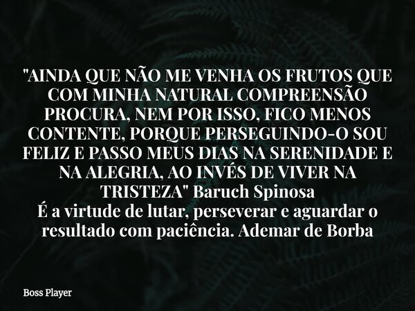 "AINDA QUE NÃO ME VENHA OS FRUTOS QUE COM MINHA NATURAL COMPREENSÃO PROCURA, NEM POR ISSO, FICO MENOS CONTENTE, PORQUE PERSEGUINDO-O SOU FELIZ E PASSO MEUS... Frase de Boss Player.