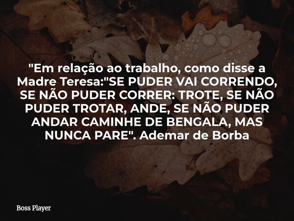 "Em relação ao trabalho, como disse a Madre Teresa: "SE PUDER VAI CORRENDO, SE NÃO PUDER CORRER: TROTE, SE NÃO PUDER TROTAR, ANDE, SE NÃO PUDER ANDAR ... Frase de Boss Player.