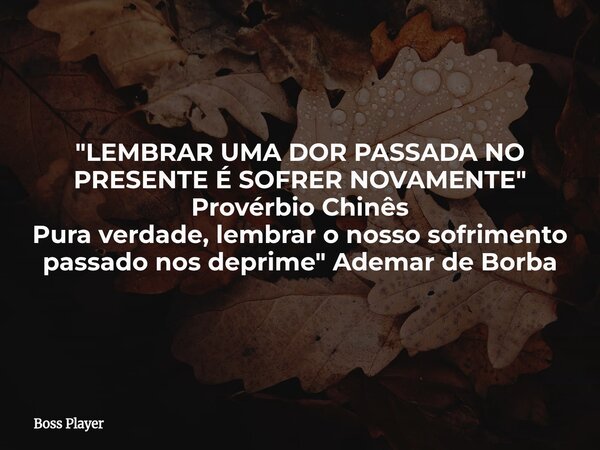 "LEMBRAR UMA DOR PASSADA NO PRESENTE É SOFRER NOVAMENTE" Provérbio Chinês Pura verdade, lembrar o nosso sofrimento passado nos deprime" Ademar de... Frase de Boss Player.