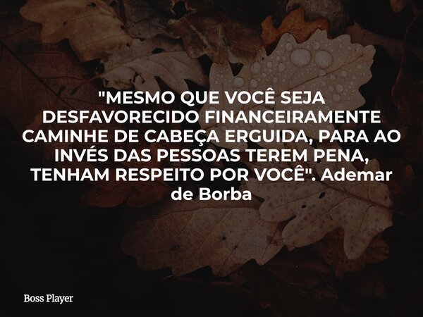 "MESMO QUE VOCÊ SEJA DESFAVORECIDO FINANCEIRAMENTE CAMINHE DE CABEÇA ERGUIDA, PARA AO INVÉS DAS PESSOAS TEREM PENA, TENHAM RESPEITO POR VOCÊ". Ademar ... Frase de Boss Player.