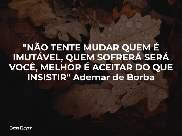 "NÃO TENTE MUDAR QUEM É IMUTÁVEL, QUEM SOFRERÁ SERÁ VOCÊ, MELHOR É ACEITAR DO QUE INSISTIR" Ademar de Borba... Frase de Boss Player.