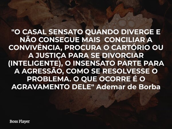 "O CASAL SENSATO QUANDO DIVERGE E NÃO CONSEGUE MAIS CONCILIAR A CONVIVÊNCIA, PROCURA O CARTÓRIO OU A JUSTIÇA PARA SE DIVORCIAR (INTELIGENTE), O INSENSATO P... Frase de Boss Player.