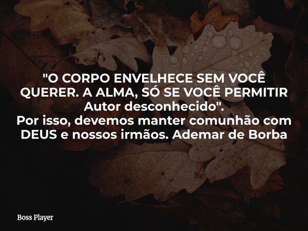 "O CORPO ENVELHECE SEM VOCÊ QUERER. A ALMA, SÓ SE VOCÊ PERMITIR Autor desconhecido". Por isso, devemos manter comunhão com DEUS e nossos irmãos. Adema... Frase de Boss Player.