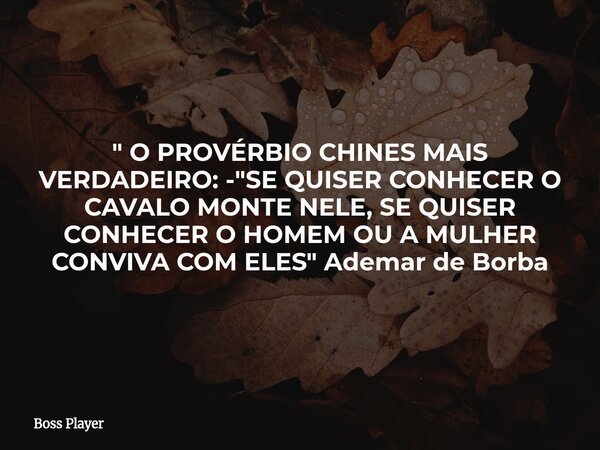 " O PROVÉRBIO CHINES MAIS VERDADEIRO: - "SE QUISER CONHECER O CAVALO MONTE NELE, SE QUISER CONHECER O HOMEM OU A MULHER CONVIVA COM ELES" Ademar ... Frase de Boss Player.