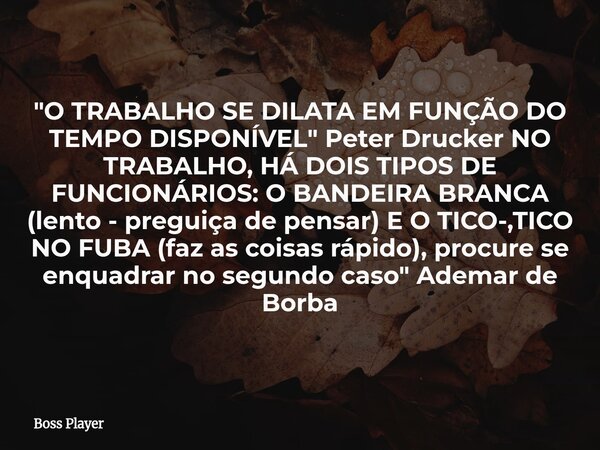 "O TRABALHO SE DILATA EM FUNÇÃO DO TEMPO DISPONÍVEL" Peter Drucker NO TRABALHO, HÁ DOIS TIPOS DE FUNCIONÁRIOS: O BANDEIRA BRANCA (lento - preguiça de ... Frase de Boss Player.