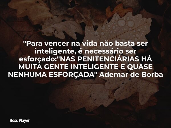 "Para vencer na vida não basta ser inteligente, é necessário ser esforçado: "NAS PENITENCIÁRIAS HÁ MUITA GENTE INTELIGENTE E QUASE NENHUMA ESFORÇADA&q... Frase de Boss Player.
