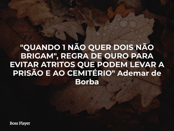 "QUANDO 1 NÃO QUER DOIS NÃO BRIGAM", REGRA DE OURO PARA EVITAR ATRITOS QUE PODEM LEVAR A PRISÃO E AO CEMITÉRIO" Ademar de Borba... Frase de Boss Player.