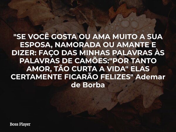 "SE VOCÊ GOSTA OU AMA MUITO A SUA ESPOSA, NAMORADA OU AMANTE E DIZER: FAÇO DAS MINHAS PALAVRAS ÀS PALAVRAS DE CAMÕES: "POR TANTO AMOR, TÃO CURTA A VID... Frase de Boss Player.