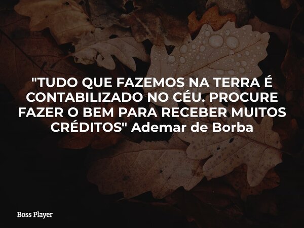 "TUDO QUE FAZEMOS NA TERRA É CONTABILIZADO NO CÉU. PROCURE FAZER O BEM PARA RECEBER MUITOS CRÉDITOS" Ademar de Borba... Frase de Boss Player.