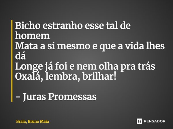 ⁠Bicho estranho esse tal de homem Mata a si mesmo e que a vida lhes dá Longe já foi e nem olha pra trás Oxalá, lembra, brilhar! - Juras Promessas... Frase de Braia, Bruno Maia.