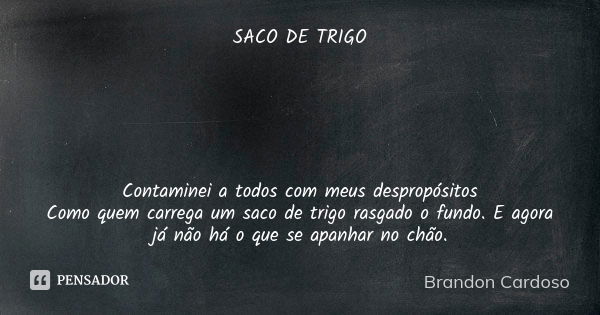 SACO DE TRIGO Contaminei a todos com meus despropósitos Como quem carrega um saco de trigo rasgado o fundo. E agora já não há o que se apanhar no chão.... Frase de Brandon Cardoso.