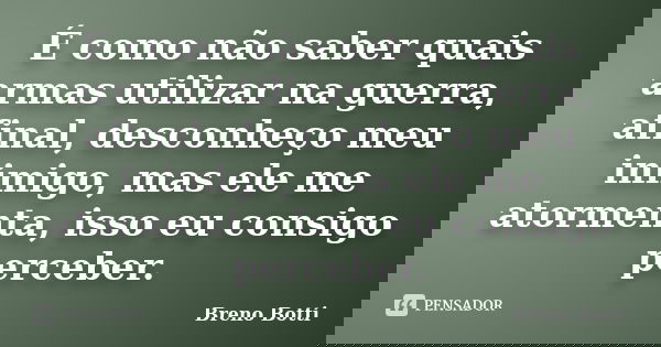 É como não saber quais armas utilizar na guerra, afinal, desconheço meu inimigo, mas ele me atormenta, isso eu consigo perceber.... Frase de Breno Botti.