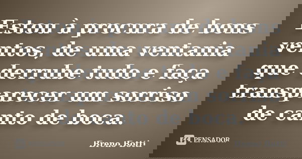 Estou à procura de bons ventos, de uma ventania que derrube tudo e faça transparecer um sorriso de canto de boca.... Frase de Breno Botti.