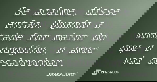 Se acalme, disse então. Quando a vontade for maior do que o orgulho, o amor vai desabrochar.... Frase de Breno Botti.