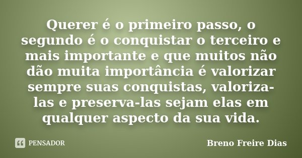 Querer é o primeiro passo, o segundo é o conquistar o terceiro e mais importante e que muitos não dão muita importância é valorizar sempre suas conquistas, valo... Frase de Breno Freire Dias.