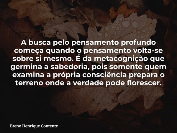 A busca pelo pensamento profundo começa quando o pensamento volta-se sobre si mesmo. É da metacognição que germina a sabedoria, pois somente quem examina a próp... Frase de Breno Henrique Contente.
