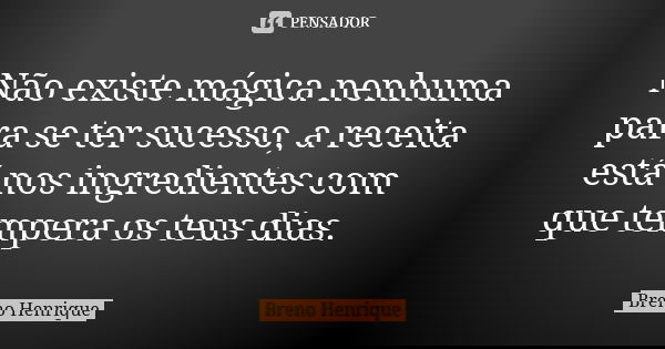 Não existe mágica nenhuma para se ter sucesso, a receita está nos ingredientes com que tempera os teus dias.... Frase de Breno Henrique.