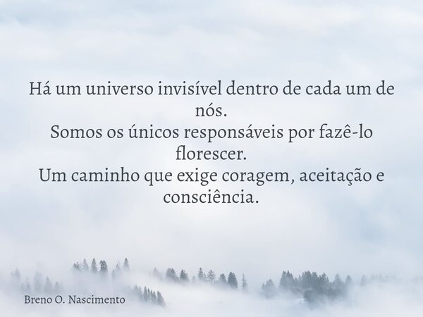 ⁠Há um universo invisível dentro de cada um de nós. Somos os únicos responsáveis por fazê-lo florescer. Um caminho que exige coragem, aceitação e consciência.... Frase de Breno O. Nascimento.