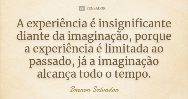 A experiência é insignificante diante da imaginação, porque a experiência é limitada ao passado, já a imaginação alcança todo o tempo.... Frase de Brenon Salvador.