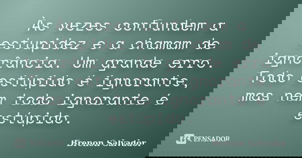 Às vezes confundem a estupidez e a chamam de ignorância. Um grande erro. Todo estúpido é ignorante, mas nem todo ignorante é estúpido.... Frase de Brenon Salvador.