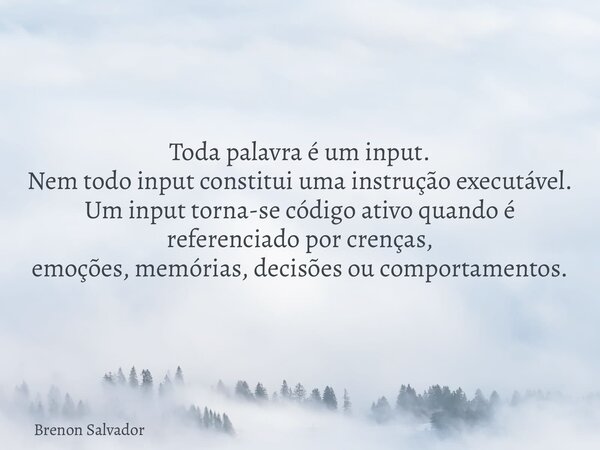 Toda palavra é um input. Nem todo input constitui uma instrução executável. Um input torna-se código ativo quando é referenciado por crenças, emoções, memórias,... Frase de Brenon Salvador.