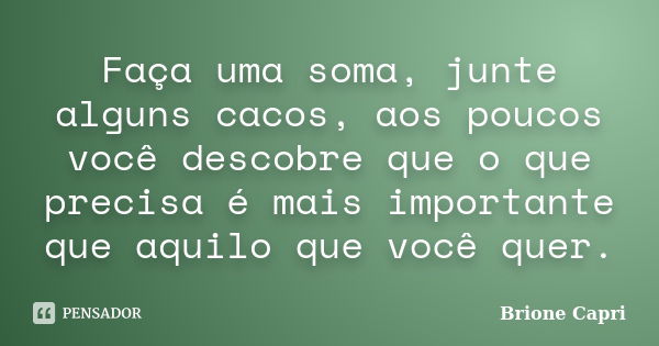 Faça uma soma, junte alguns cacos, aos poucos você descobre que o que precisa é mais importante que aquilo que você quer.... Frase de Brione Capri.