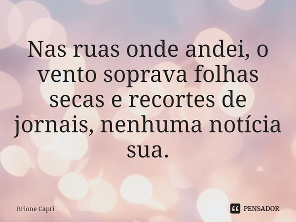 ⁠Nas ruas onde andei, o vento soprava folhas secas e recortes de jornais, nenhuma notícia sua.... Frase de Brione Capri.