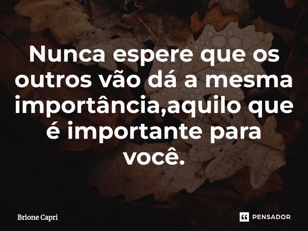 ⁠Nunca espere que os outros vão dá a mesma importância,aquilo que é importante para você.... Frase de Brione Capri.