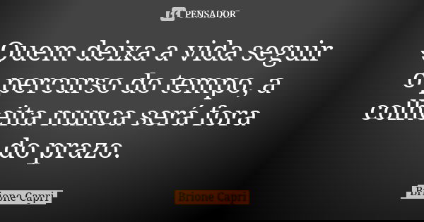 Quem deixa a vida seguir o percurso do tempo, a colheita nunca será fora do prazo.... Frase de Brione Capri.