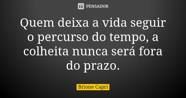 Quem deixa a vida seguir o percurso do tempo, a colheita nunca será fora do prazo.... Frase de Brione Capri.