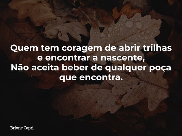 Quem tem coragem de abrir trilhas e encontrar a nascente, Não aceita beber de qualquer poça que encontra.... Frase de Brione Capri.