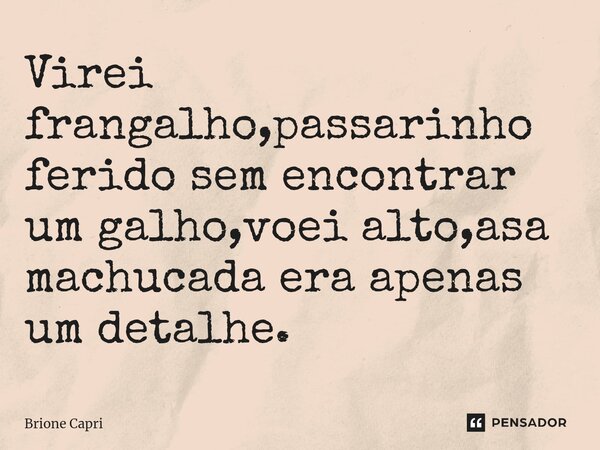 ⁠Virei frangalho,passarinho ferido sem encontrar um galho,voei alto,asa machucada era apenas um detalhe.... Frase de Brione Capri.