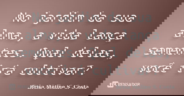 No jardim da sua alma, a vida lança sementes. Qual delas, você irá cultivar?... Frase de Brisa Meline S. Costa.