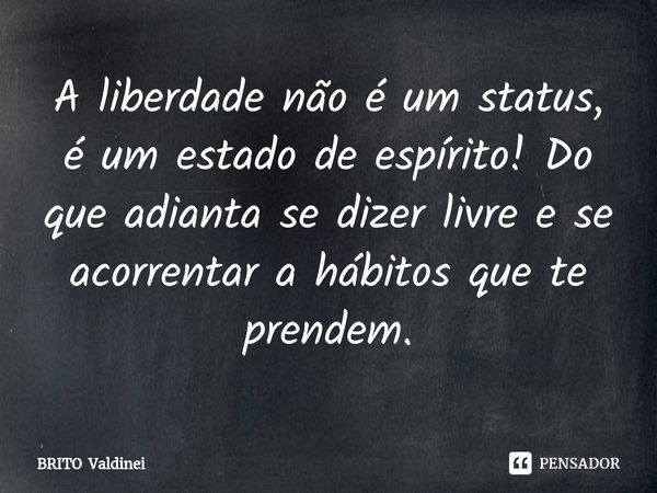 ⁠A liberdade não é um status, é um estado de espírito! Do que adianta se dizer livre e se acorrentar a hábitos que te prendem.... Frase de BRITO Valdinei.