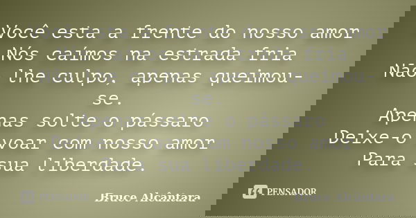 Você esta a frente do nosso amor Nós caímos na estrada fria Não lhe culpo, apenas queimou-se. Apenas solte o pássaro Deixe-o voar com nosso amor Para sua liberd... Frase de Bruce Alcântara.