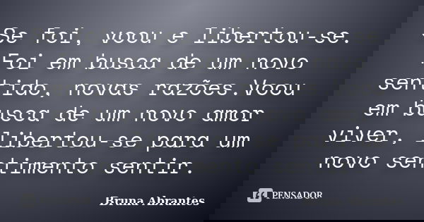Se foi, voou e libertou-se. Foi em busca de um novo sentido, novas razões.Voou em busca de um novo amor viver, libertou-se para um novo sentimento sentir.... Frase de Bruna Abrantes.