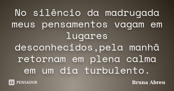 No silêncio da madrugada meus pensamentos vagam em lugares desconhecidos,pela manhã retornam em plena calma em um dia turbulento.... Frase de Bruna Abreu.