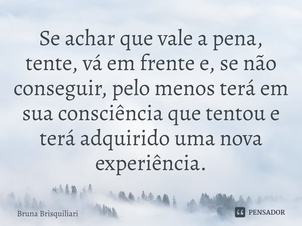 ⁠Se achar que vale a pena, tente, vá em frente e, se não conseguir, pelo menos terá em sua consciência que tentou e terá adquirido uma nova experiência.... Frase de Bruna Brisquiliari.