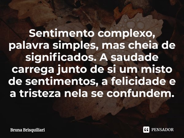 ⁠Sentimento complexo, palavra simples, mas cheia de significados. A saudade carrega junto de si um misto de sentimentos, a felicidade e a tristeza nela se confu... Frase de Bruna Brisquiliari.